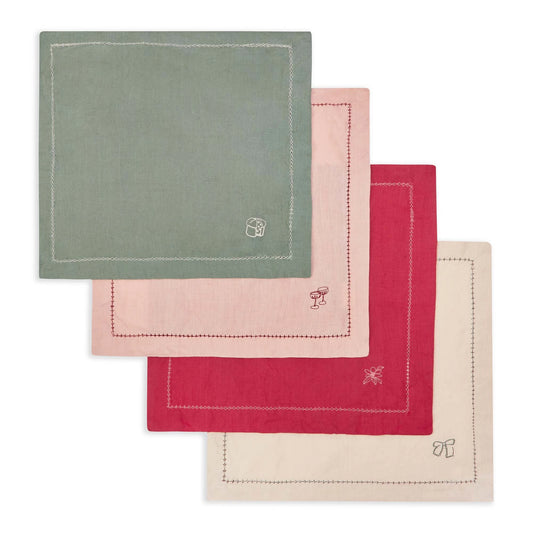 Embroidered Linen Napkins, Set of 4 - Christmas Embroidered